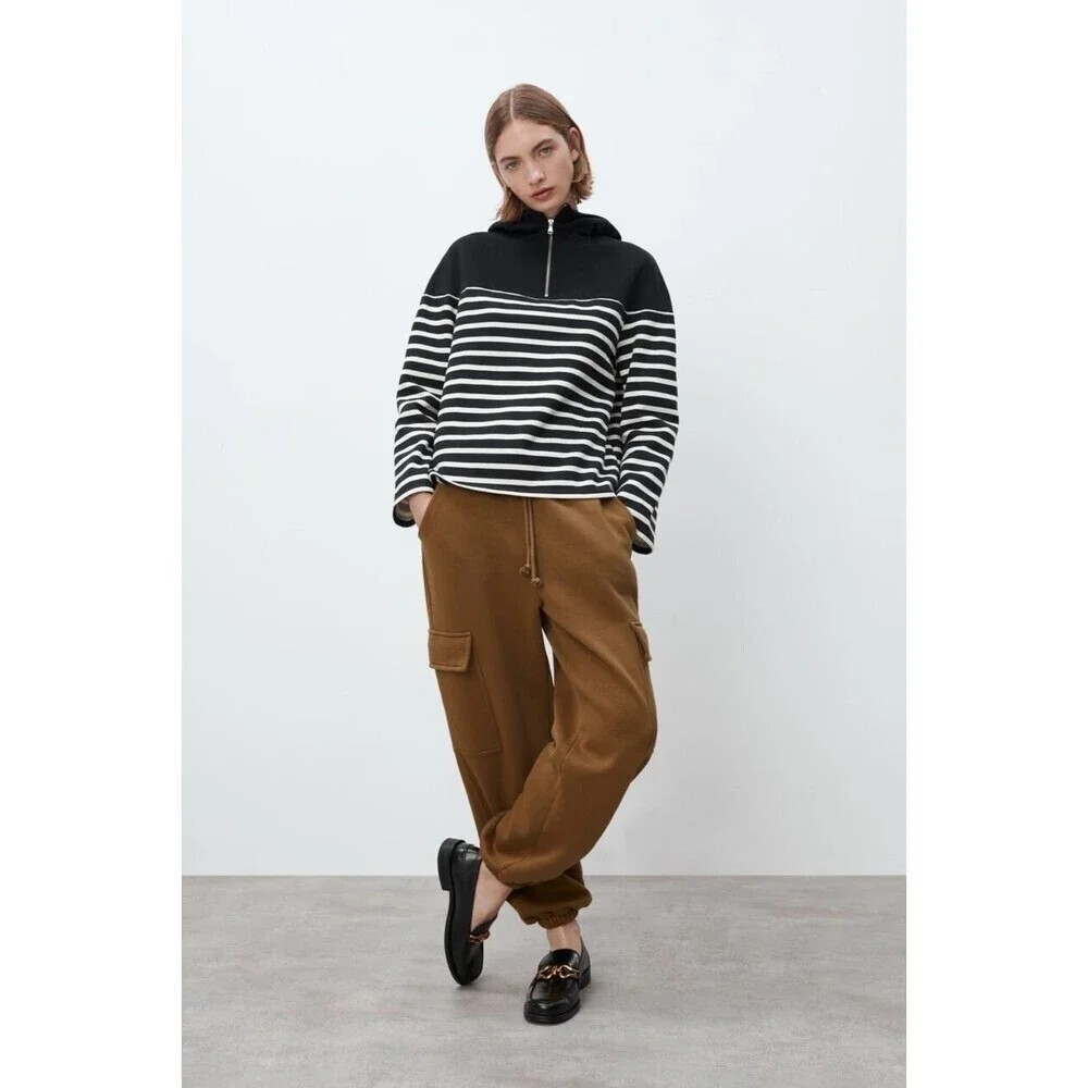 Navy Blue White Striped Zara Half Zip Long Sleeve Hoodie Sweatshirt (NWT) - Picture 1 of 9